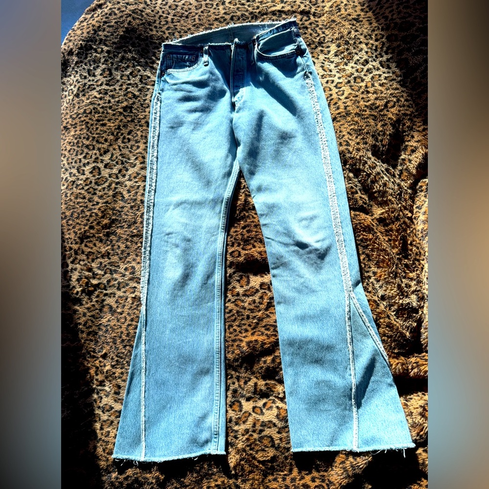 Reworked vintage button fly Levi’s with slight flair bottom size 28 womans.